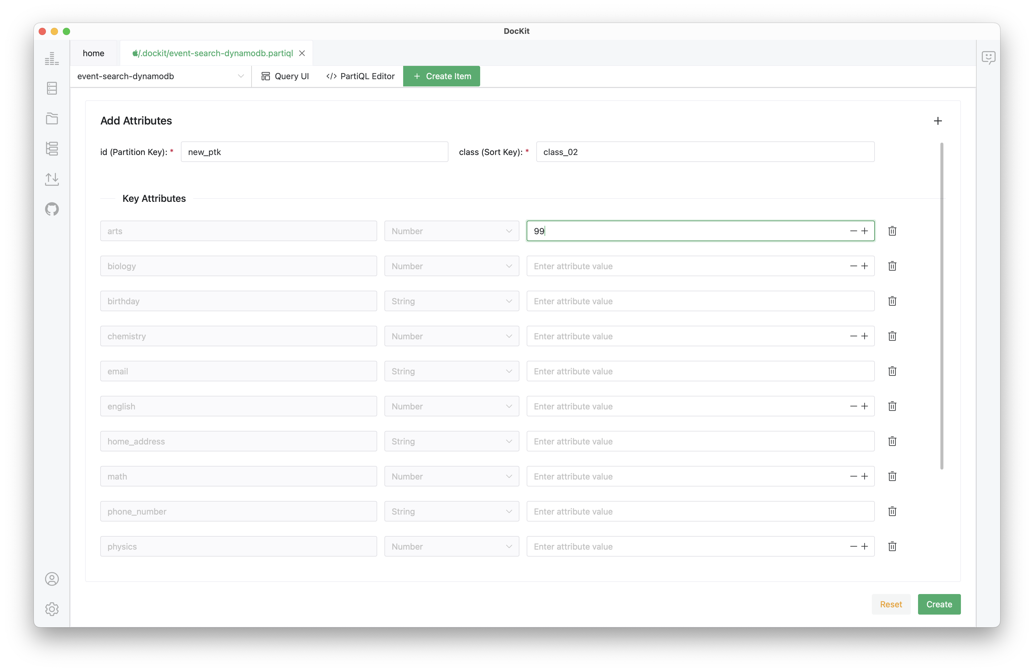 DocKit DynamoDB create item thorugh UI